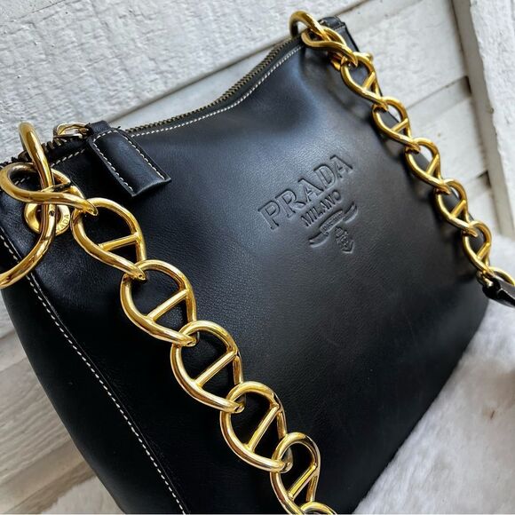 PRADA Black Leather Gold Hobo Baguette Re Edition Galleria Shoulder Bag - Picture 4 of 16